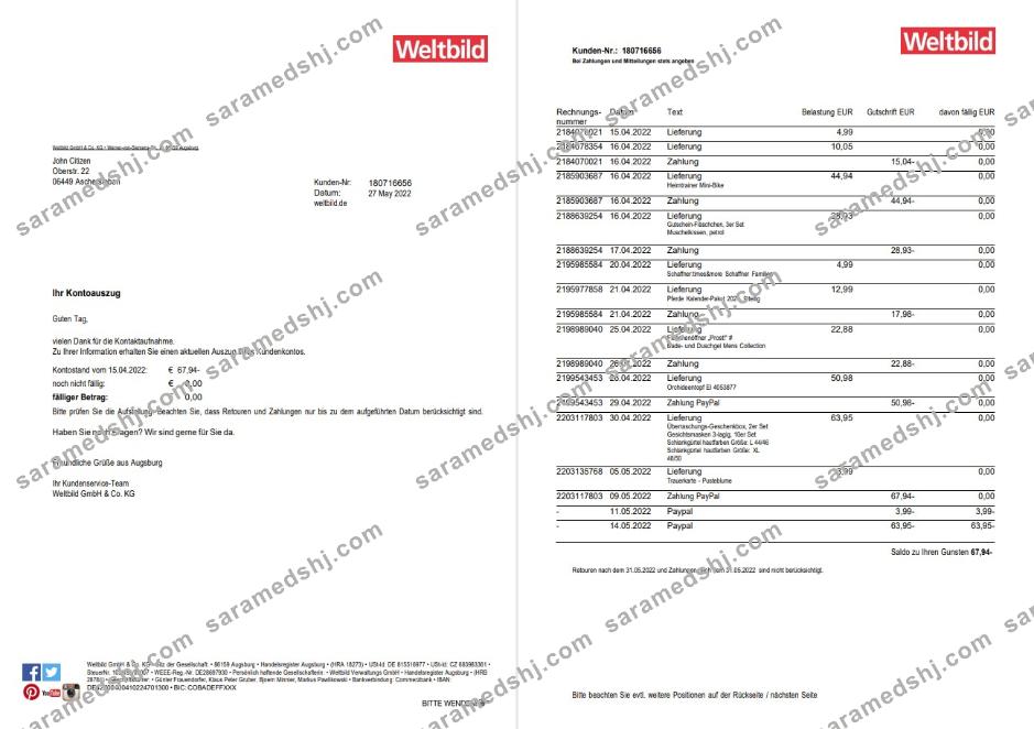 Germany Weltbild bank statement 2 pages